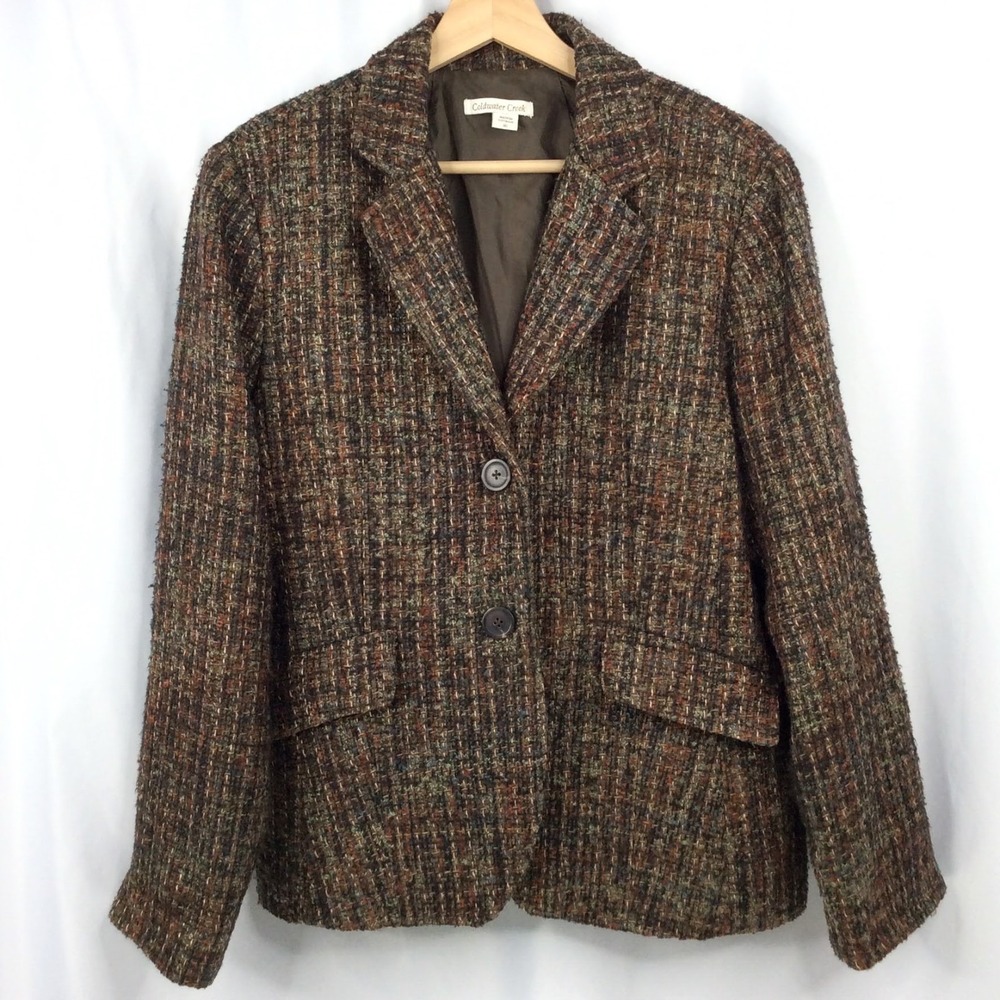 Coldwater Creek Wool Blend Blazer Jacket Women's Size 16 Brown Green Tweed